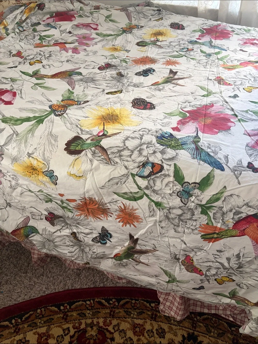 Pottery Barn Floral & Hummingbird Duvet Cover in Gray with Multicolor Accents